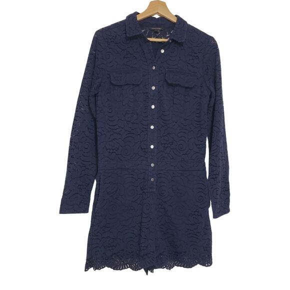 Banana Republic | Long Sleeve Lace Scalloped Hem Button Front Romper Pockets - Picture 1 of 7